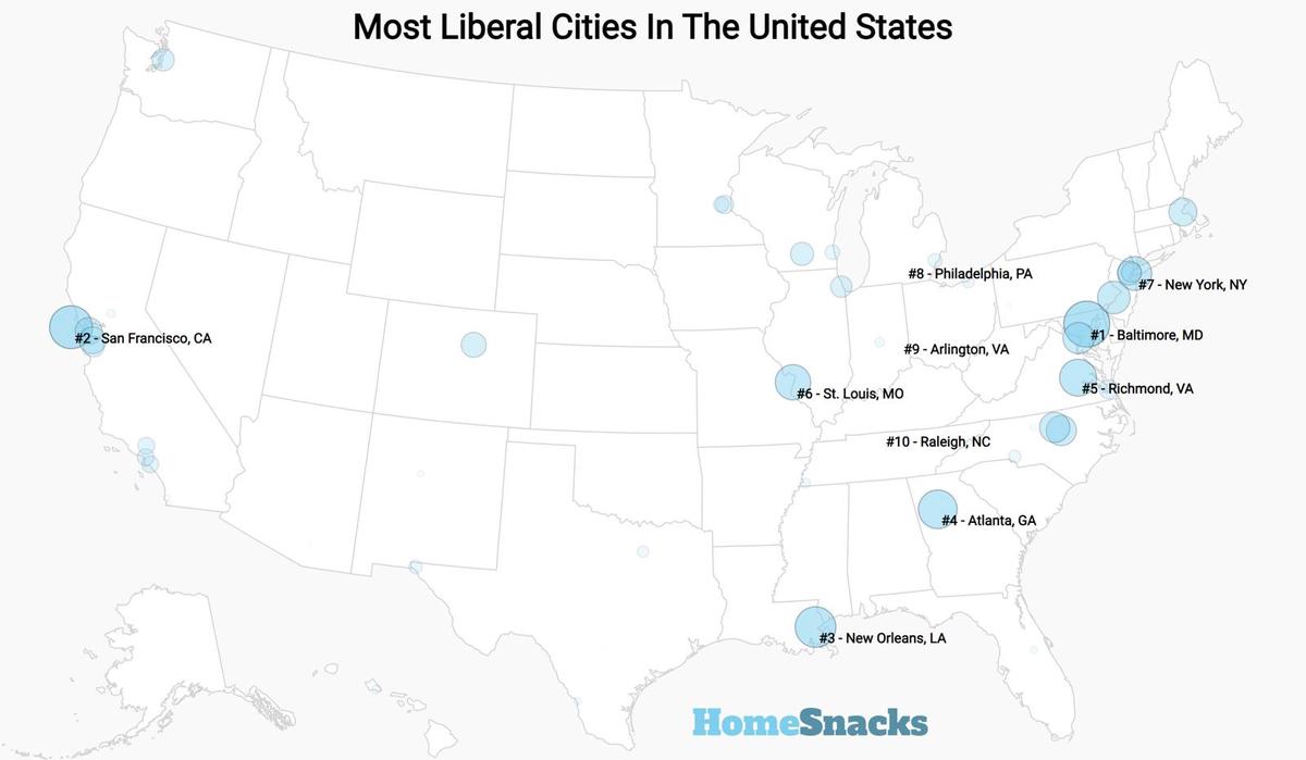 Most Liberal Cities In The United States Map